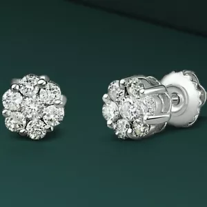 14K Solid White Gold Natural Diamond Round Cluster Floral Stud Earrings All Size - Picture 1 of 6