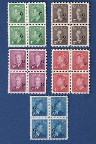 Canada stamps O16-O20 KGVl "G" over print blocks of 4 VF/mnh Cover