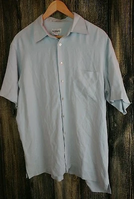 Alfani 100% Silk Dress Shirt Large Blue S/S Men's Button Up Pocket Pearl Buttons - Image 1 of 4