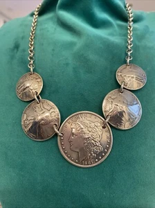 20” Coin Necklace US silver coins 1881-1945 including dollar Sterling Statement - Picture 1 of 11