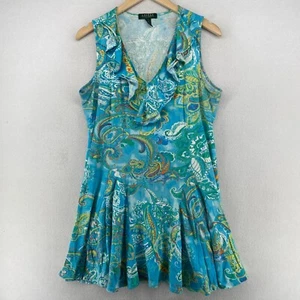 LAUREN RALPH LAUREN Dress PM Petite Paisley V-Neck Ruffle Jersey Cotton Blue - Picture 1 of 11