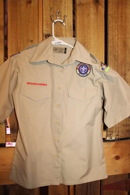 Boy Scouts of America BSA Ladies Adult Shirt Small Tan Sewn on patches - Image 1 of 4