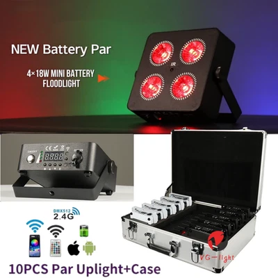 10PC 4X18W RGBWA+UV Wireless LED Stage DJ Par Light 6in1 Effect Battery Uplights - Image 1 of 4