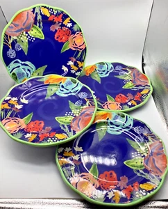 Pionierin Celia, Blumenmuster dunkelblau, grüner Rand Salatteller 8,3/4 Zoll Set 4 - Bild 1 von 5