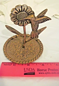 Vintage Hummingbird Sunflower Ring Holder Jewelry Trinket Tray Caddy Stand Metal - Picture 1 of 11