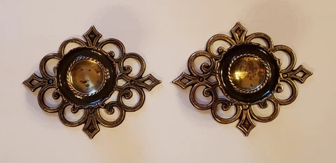 2 Vintage Ajax Drawer Door Pedestal Knobs w/ Keeler Brass Lace Pattern Backplate Cover
