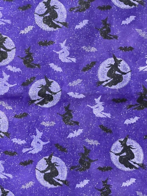 Halloween Cotton Fabric Black Witches Bats Silver Glitter Moonlight 35" x 44" W - Image 1 of 3