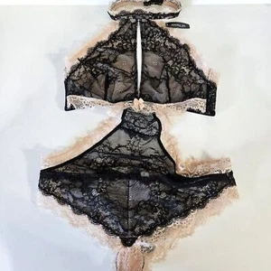 NEU Adore Me Brescia ungefüttert rosa schwarz Dessous hochgeschlossen Spitze Body Large - Bild 1 von 5