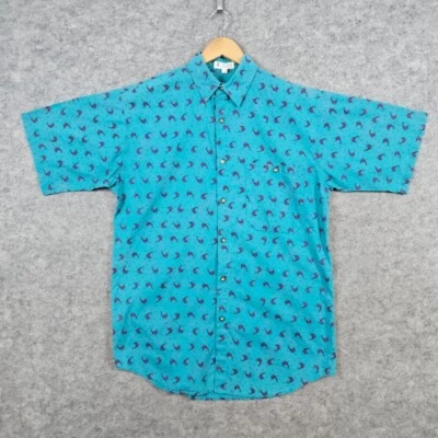 Camisa abotonada Columbia verde azulado para hombre talla M con peces morados 100 % algodón Foto 1 de 4