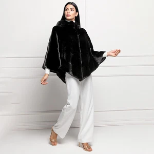 Black Real Mink Fur Cape Women Hooded Genuine Fur Poncho Coat Winter Luxury Cape - Picture 1 of 4