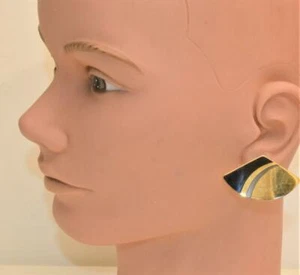 Vtg Stamped LAUREL BURCH Goldtone Black Enamel Trangel Shape Pierced Earrings - Picture 1 of 2