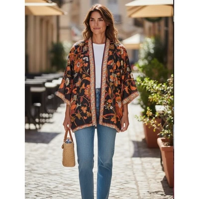 Chaqueta Blazer Seda Floral Kimono Frente Abierto Boho Chic 100% Seda Forrada M/L Foto 1 de 4