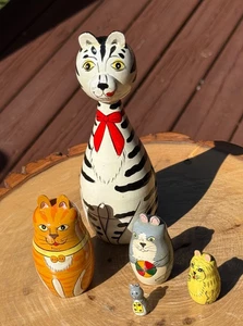 Katze Nestpuppen 5er Set handbemalt Holz - Bild 1 von 4
