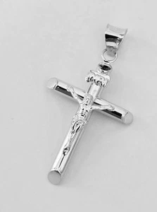 14K Weißgold Runde Röhre Religiös Kruzifix Kreuz INRI Anhänger Halskette 15x35mm - Bild 1 von 11