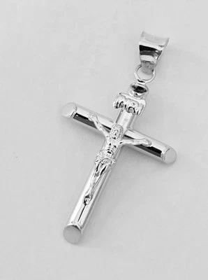 14K White Gold Round Tube Religious Crucifix Cross INRI Pendant Necklace 15X35mm - Image 1 of 4