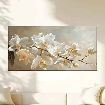 White Orchid on a Brown Background Unframed Canvas Painting for Living - Image 1 of 4