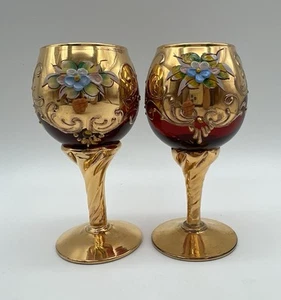 Tre Fuochi Murano Glass Ruby Red & Gold 4” Cordial Glasses Hand Painted Italy - Picture 1 of 15