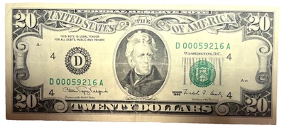 1990 $20 FEDERAL RESERVE NOTE LOW SERIAL NUMBER D 00059216 A CIRCULATED!! - Image 1 of 2