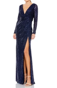 Ieena Mac Duggal 26490I Long Sleeve Ruched Faux Wrap Sequin Gown SZ 4 Navy - Picture 1 of 2