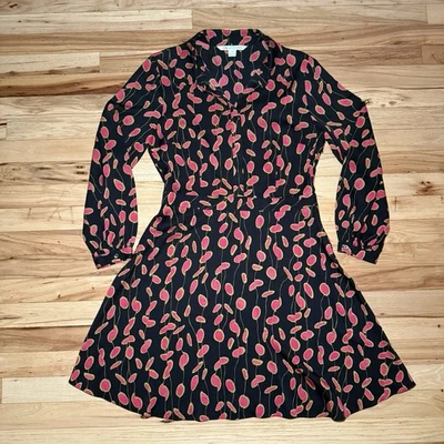 Diane Von Furstenberg DVF Chrissie Silk Blend Long Sleeve Shirt Dress Black 10 - Image 1 of 4