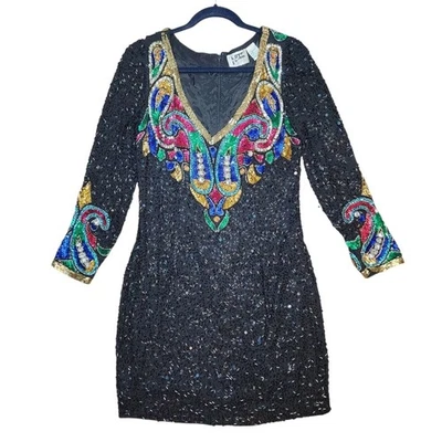 RARE Vintage 80s Silk Beaded Sequin Mini Dress Colorful Glam Formal Party 12 NWT - Image 1 of 4