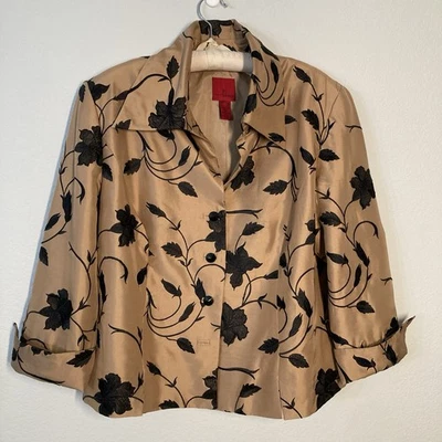 JS Collections Bronze Silk Evening Cocktail Jacket Black Lace Applique Size 16 - Image 1 of 4