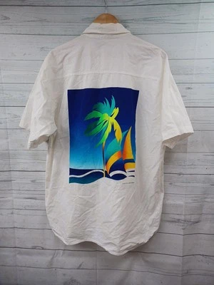 Camisa vintage Peter Mussfeldt Isla Mujeres com botões XL arte branca azul praia  - Imagem 1 de 4