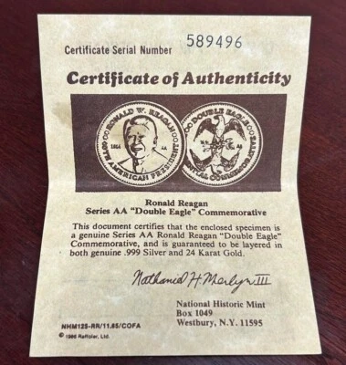 Ronald Reagan AA Double Eagle Commemorative Coin w/COA 1984 Uncirculated - Image 1 of 4