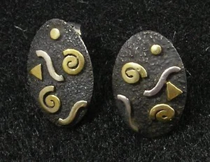 .925 Sterling Silver 22K Gold Post Stud Oval Earrings Swirl Triangle Wave 3/4" - Picture 1 of 3
