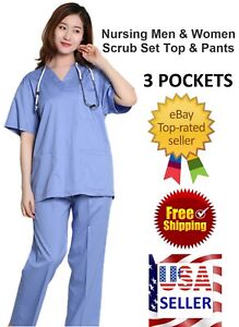 Medical Doctor Nursing Men Women Scrub Set 2 Piece Suits Shirt Pants Uniform