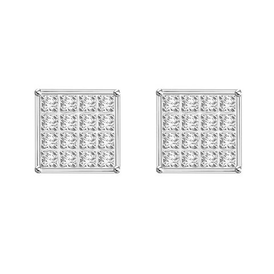 1/10CT Natural Diamond Square Cluster Stud Earrings 14K White Gold Plated Silver - Image 1 of 1