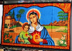Vintage Rare New Wall Hanging Mary and Jesus Scared Hearts Tapestry 60" x 40" - Picture 1 of 2