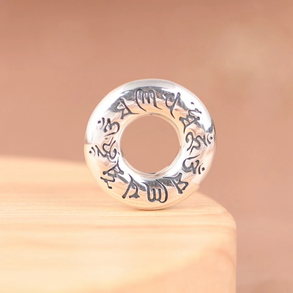 Women Men Real 925 Sterling Silver Lucky Retro Glossy Mantra Circle Pendant - Image 1 of 4