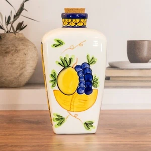 Vintage BIA Cordon Bleu Handpainted FRUIT Blue Trim Ceramic Cork Lid Bottle Jar - Picture 1 of 6