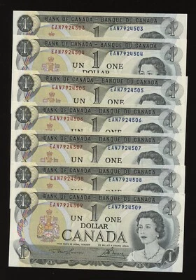 Lot of 7 Consecutive 1973 Bank of Canada $1 Notes - Transitional EAN Prefix  A4 - Image 1 of 2