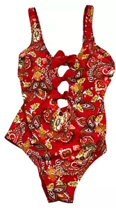 Skinnydippers Swimsuit Womens Large One Piece Red Alysa Tri Tie Keyhole Front - Picture 1 of 16