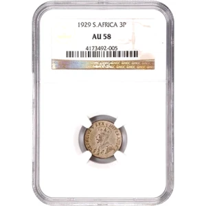 1929 South Africa 3 Pence, NGC AU 58 - Picture 1 of 2