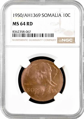Somalia 10 centesimi 1950, NGC MS64 RD, "Italian administration (1950 - 1960)" - Image 1 of 2