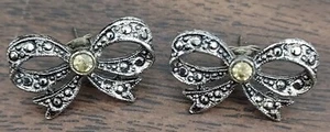 Silvertone Ribbon Bow Tie Earrings - Picture 1 of 7