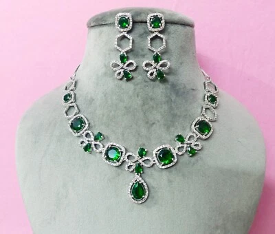 Indian CZ Green Emerald Necklace With Earrings Party Wear Wedding Women Jewelry - Image 1 of 4
