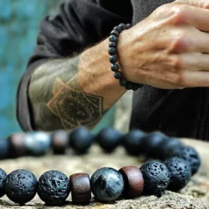 Men Women's Black Lava Stone Bracelet Natural Volcanic Round Bead Bangle 8mm UK - Picture 1 of 3