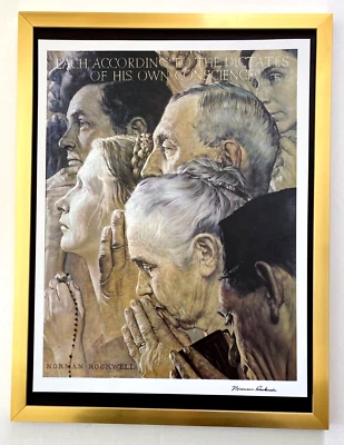 NORMAN ROCKWELL + "LIBERTAD DE CULTO" + CIRCA AÑOS 70 + IMPRESIÓN FIRMADA ENMARCADA Foto 1 de 3