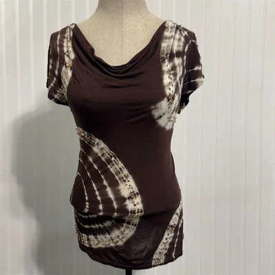 复古 Y2K INC 100% 人造丝上衣 L 棕色领带染料领亮片装饰 — 第 1/4 张图片