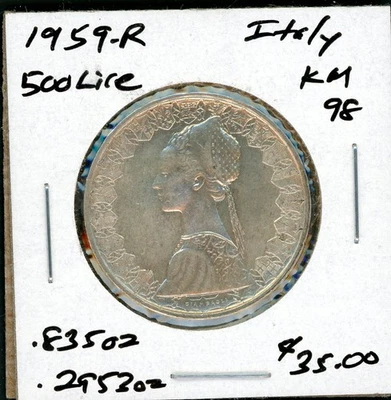 ITALY 1959-R 500 LIRE SILVER COIN - KM# 98 - AS SHOWN - Image 1 of 2