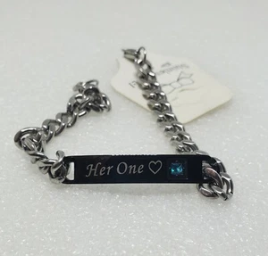 New NWT Stainless Steel Her One 💙 Heart ID Bracelet Unisex 8.5" w aqua gemstone - Picture 1 of 4