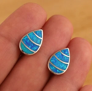 Solid 925 Sterling Silver Blue Opal Large Teardrop Hoop Earrings Gift Boxed - Picture 1 of 6