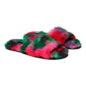 SZ-SMALL VICTORIAS SECRET PINK SOFT PLUSH FAUX FUR COLORFUL SLIPPERS SLIDES 5/6 - Picture 1 of 4