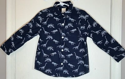 Gymboree Toddler Boy 3T Shirt Blue Button Down Collared White Dinosaurs Pocket - Image 1 of 4