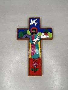 Jesus Christ Holding White Lamb Cross Crucifix White Dove Wood Wall Hanging - Picture 1 of 3