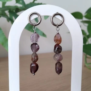 Earrings Silver Auralite Bead Circle Dangle Drop Stainless Steel Hypoallergenic - Picture 1 of 3